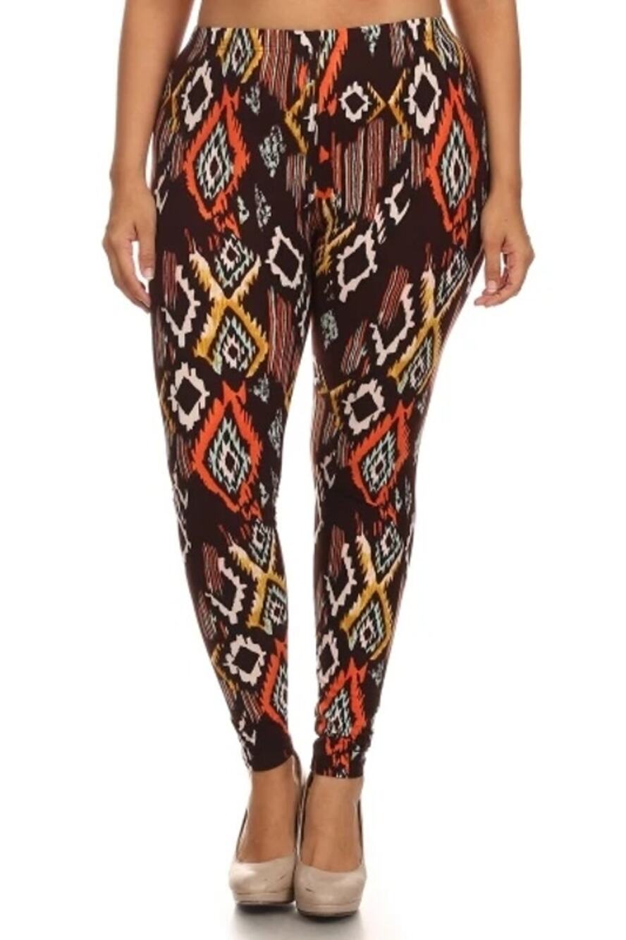 E&K Brown Multicolored Tribal Ikat Aztec Printed Leggings Women's Size Small*
